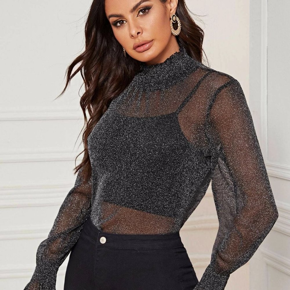 3/$25💦Black Sheer LS Top with ruffled sheer NWOT - Picture 2 of 9